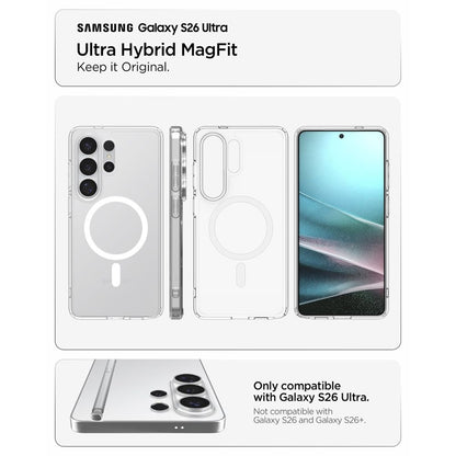 Spigen Ultra Hybrid Mag MagSafe dėklas, skirtas Samsung Galaxy S26 Ultra (Skaidrus/Baltas)