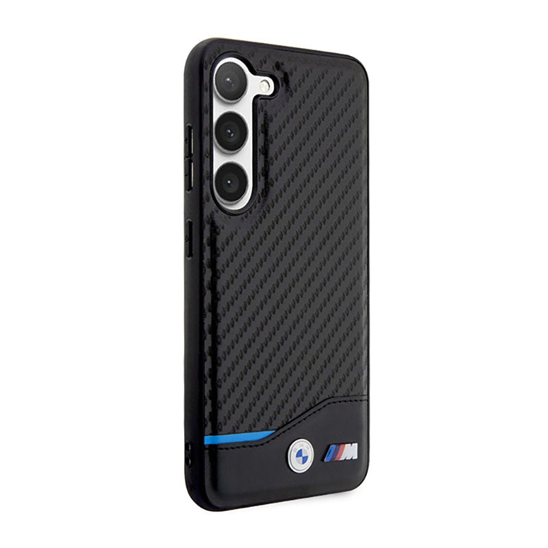 BMW Leather Carbon Blue Line – Dėklas, skirtas Samsung Galaxy S23+ (juodas)