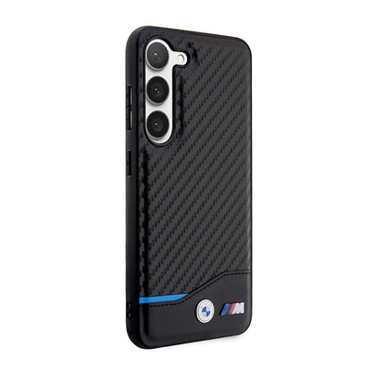BMW Leather Carbon Blue Line – Dėklas, skirtas Samsung Galaxy S23+ (juodas)