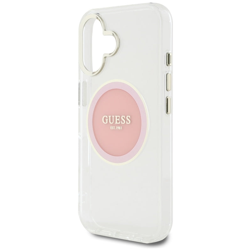 Guess IML Metal Colored Circle Classic Logo MagSafe – dėklas iPhone 16 (rožinis)
