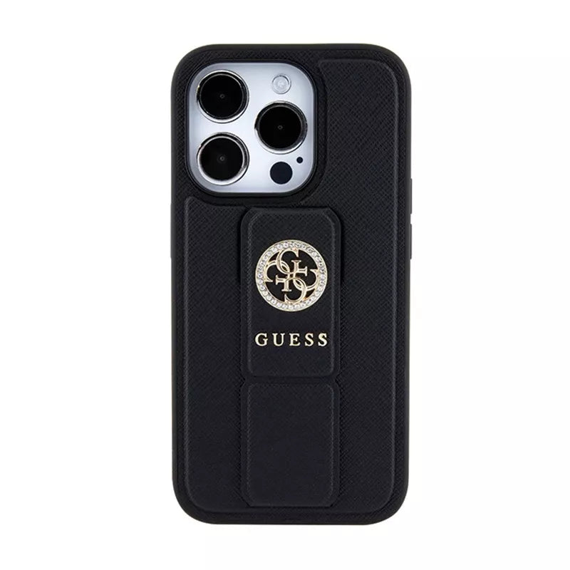 Guess Grip Stand 4G Saffiano Strass Logo – „iPhone 15 Pro“ dėklas (juodas)