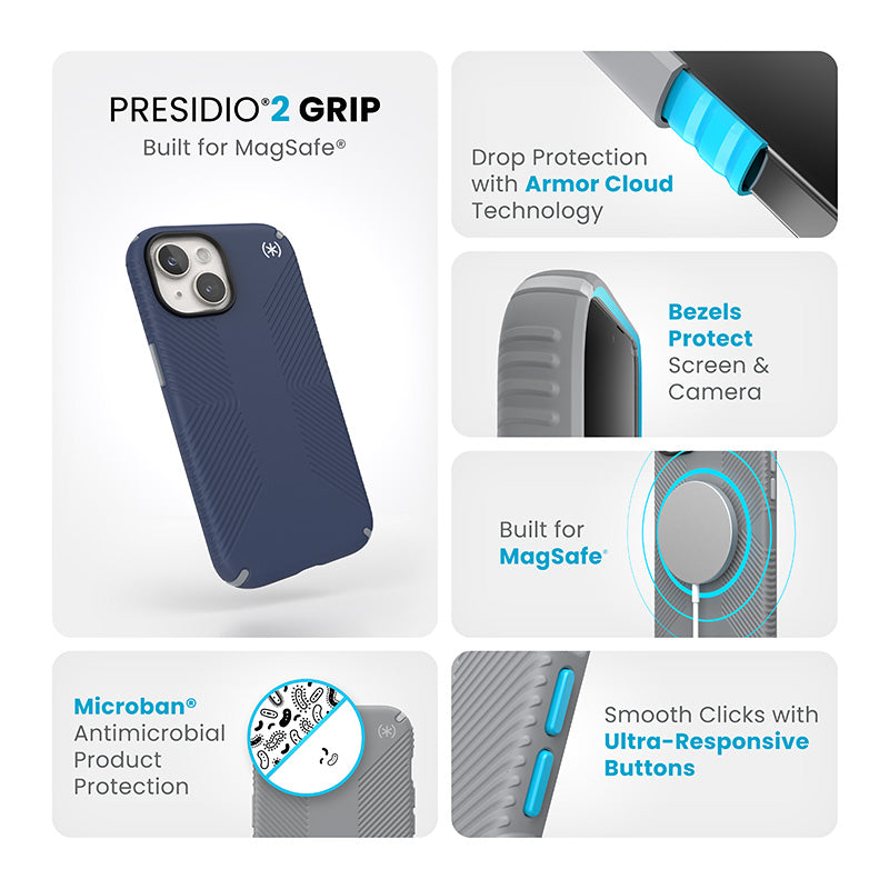 Speck Presidio2 Grip Magsafe – dėklas, skirtas iPhone 16e / iPhone 15 / iPhone 14 / iPhone 13 (Coastal Blue / Dustgrey / White)