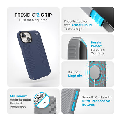 Speck Presidio2 Grip Magsafe – dėklas, skirtas iPhone 16e / iPhone 15 / iPhone 14 / iPhone 13 (Coastal Blue / Dustgrey / White)