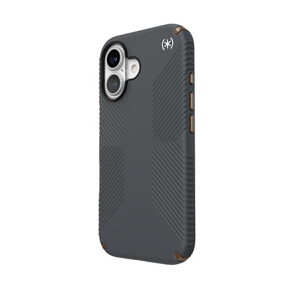 Speck Presidio2 Grip – „iPhone 16“ dėklas (anglies pilka / šalta bronza / balta)
