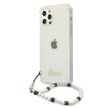 Guess White Pearl dirželis – dėklas „iPhone 12“ / „iPhone 12 Pro“ (skaidrus)