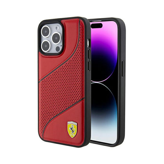 Ferrari perforuotos bangos su metaliniu logotipu – dėklas iPhone 15 Pro (raudonas)