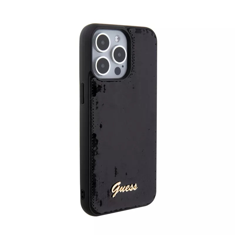Guess Sequin Script Metal - dėklas skirtas iPhone 15 Pro (juodas)