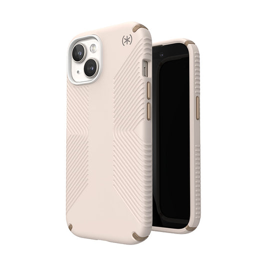Speck Presidio2 Grip – dėklas, skirtas iPhone 16e / iPhone 15 / iPhone 14 / iPhone 13 (Balintas kaulas / Senovinis auksas / Lazdyno rudas)