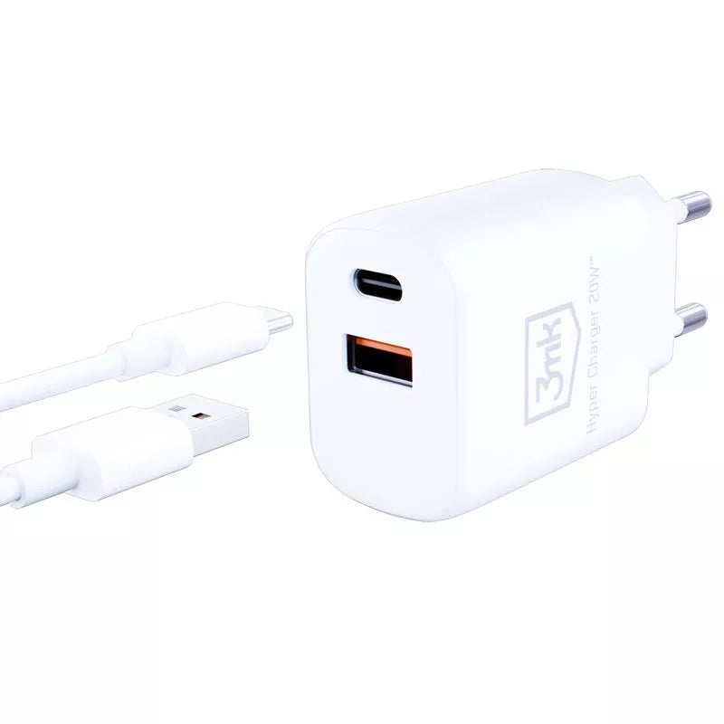 3mk Hyper Charger – USB-A QC 3.0 + USB-C PD 20W sieninis įkroviklis (baltas)