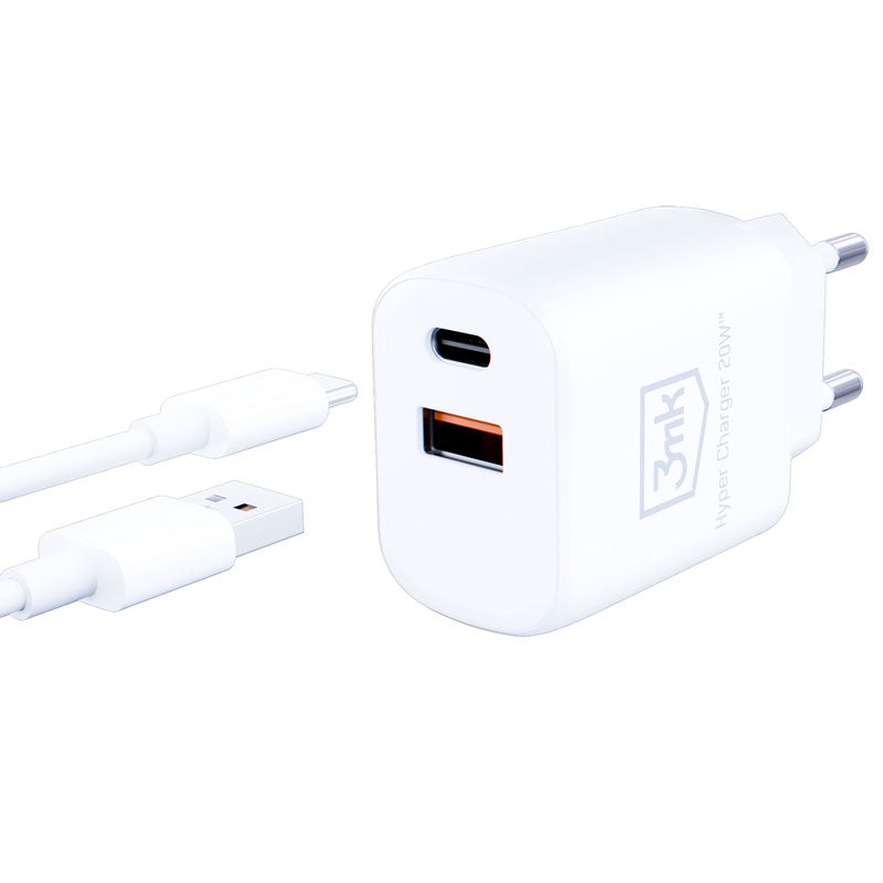 3mk Hyper Charger – USB-A QC 3.0 + USB-C PD 20W sieninis įkroviklis (baltas)