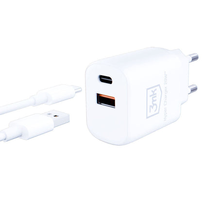 3mk Hyper Charger – USB-A QC 3.0 + USB-C PD 20W sieninis įkroviklis (baltas)