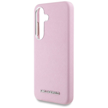 Karl Lagerfeld Saffiano Full Wrapped Elongated Metal Logo MagSafe - Dėklas, skirtas Samsung Galaxy S25+ (rožinis)