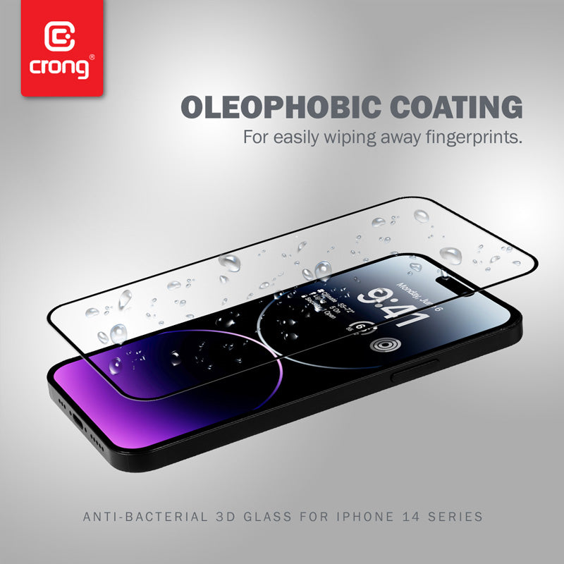 Crong Antibakterinis 3D Armor Glass - 9H grūdintas stiklas visam iPhone 14 Pro Max ekranui + montavimo rėmelis