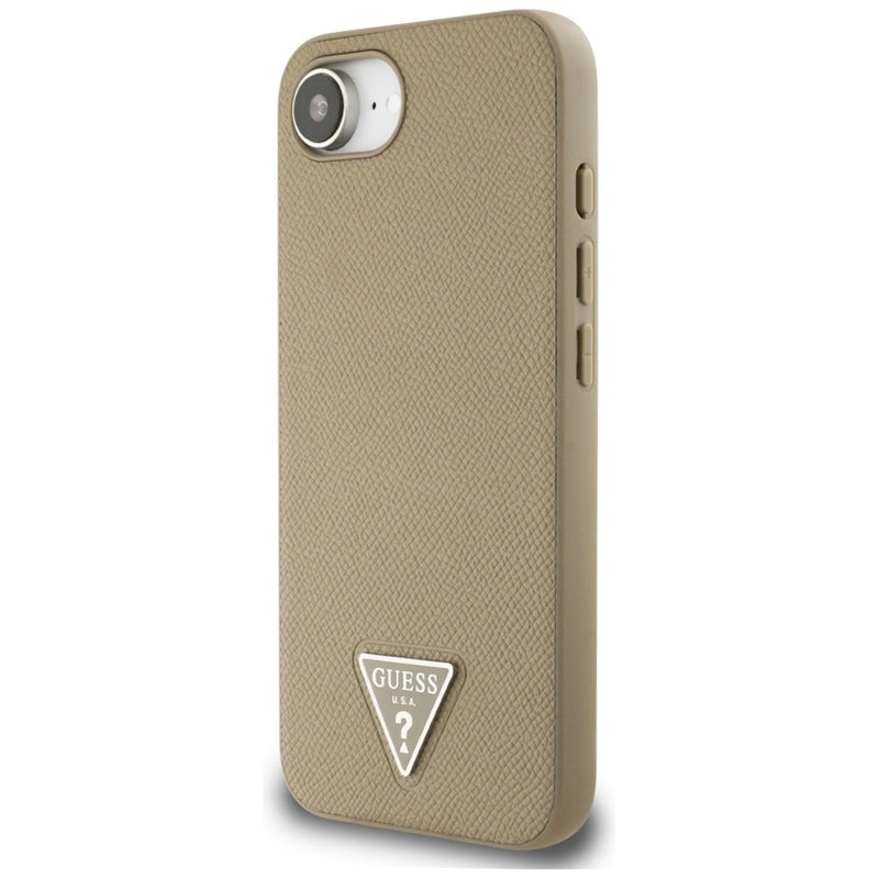 Guess Grained Triangle MagSafe – dėklas iPhone 16e (rudas)