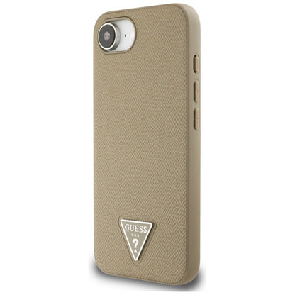 Guess Grained Triangle MagSafe – dėklas iPhone 16e (rudas)