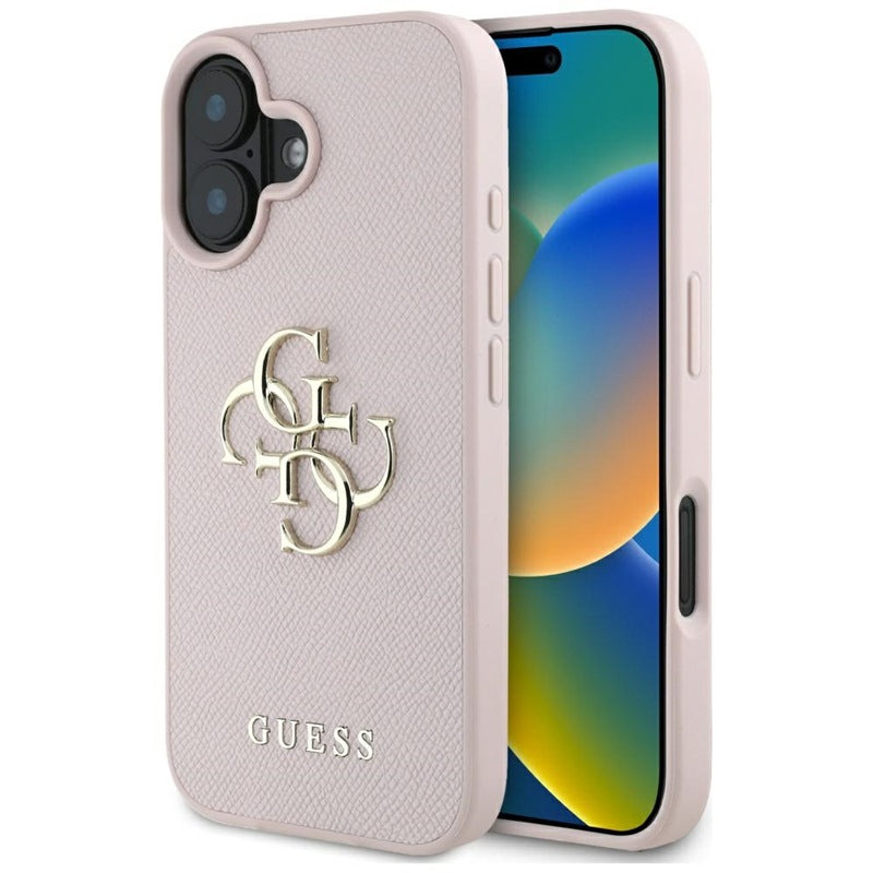 Guess grūdėtas dėklas iPhone 16 su 4G ir klasikiniu logotipu (rožinis)