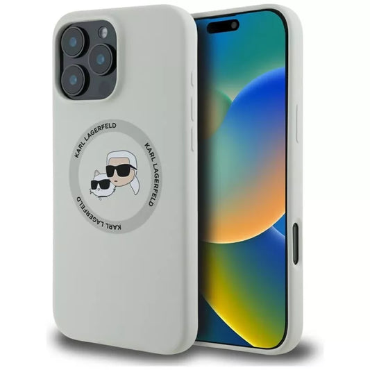 Karl Lagerfeld silikoninis dvigubos galvos ir apskritimo MagSafe dėklas iPhone 16 Pro Max (smėlio)