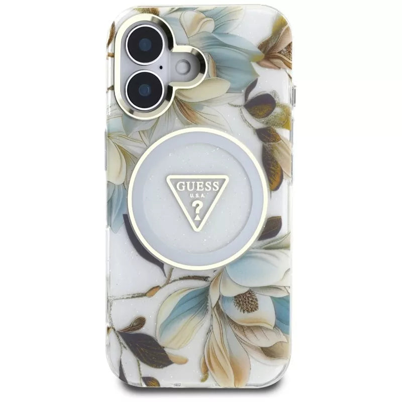 Guess Glitter Flowers Triangle Buttons MagSafe – Dėklas, skirtas iPhone 16 (baltas)