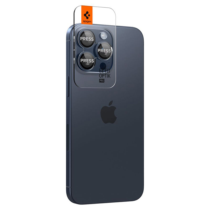 Spigen Optik Pro GLAS.TR EZ Fit fotoaparato apsauga, 2 vnt. – objektyvo apsauginis stiklas, skirtas "iPhone 15 Pro" / "iPhone 15 Pro Max" / "iPhone 14 Pro" / "iPhone 14 Pro Max" (2 vnt.)