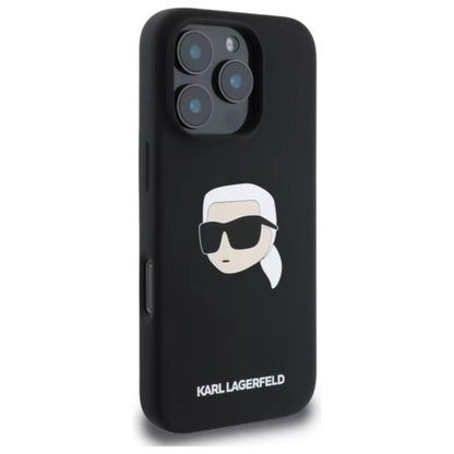 Karl Lagerfeld Silicone Karl Head Print MagSafe – dėklas iPhone 16 Pro (juodas)
