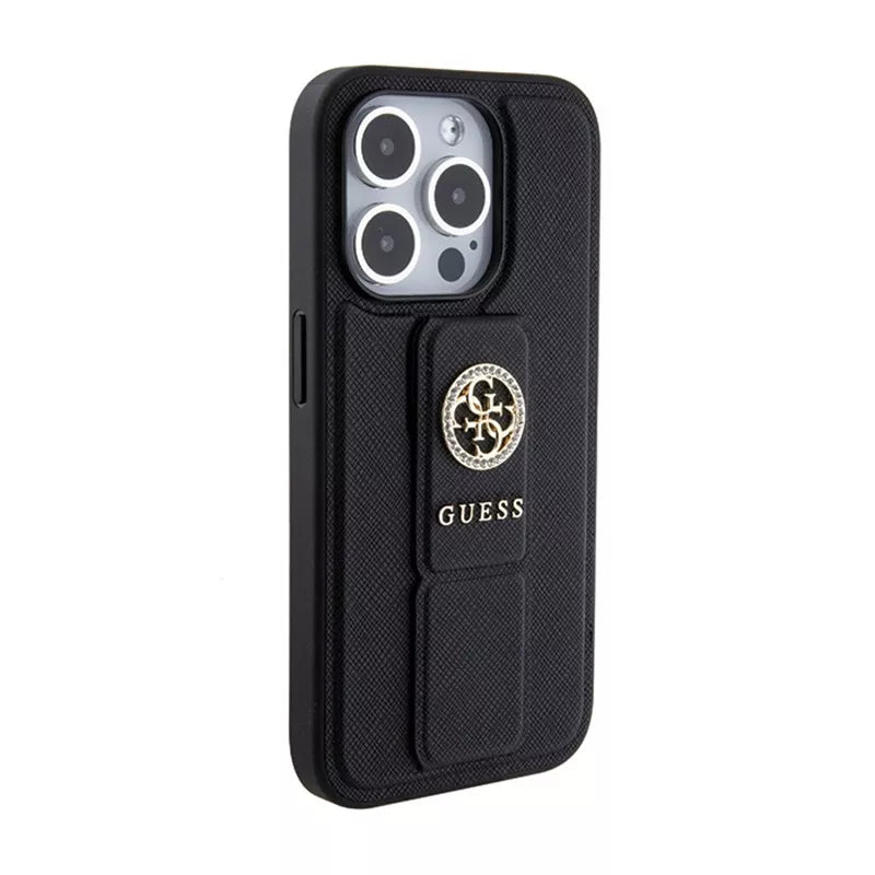 Guess Grip Stand 4G Saffiano Strass Logo – „iPhone 15 Pro“ dėklas (juodas)