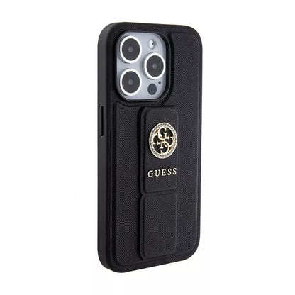 Guess Grip Stand 4G Saffiano Strass Logo – „iPhone 15 Pro“ dėklas (juodas)