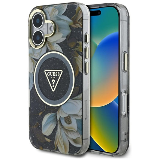 Guess Glitter Flowers Triangle Buttons MagSafe – dėklas iPhone 16 (juodas)