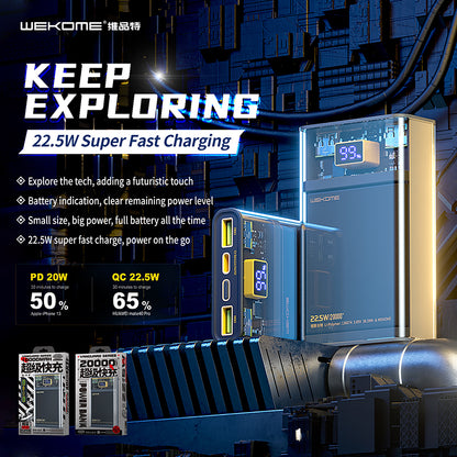 WEKOME WP-321 Vanguard serija – Power bank 20000 mAh Itin greitas įkrovimas PD 20W + QC 22.5W (Juoda / Permatoma)