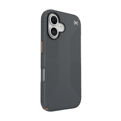 Speck Presidio2 Grip – „iPhone 16“ dėklas (anglies pilka / šalta bronza / balta)