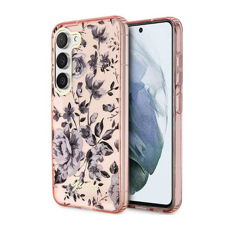 Guess Flower kolekcija - dėklas, skirtas Samsung Galaxy S23+ (rožinis)