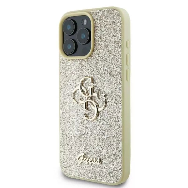 Guess Fixed Glitter Big 4G – dėklas, skirtas iPhone 16 Pro (auksinis)