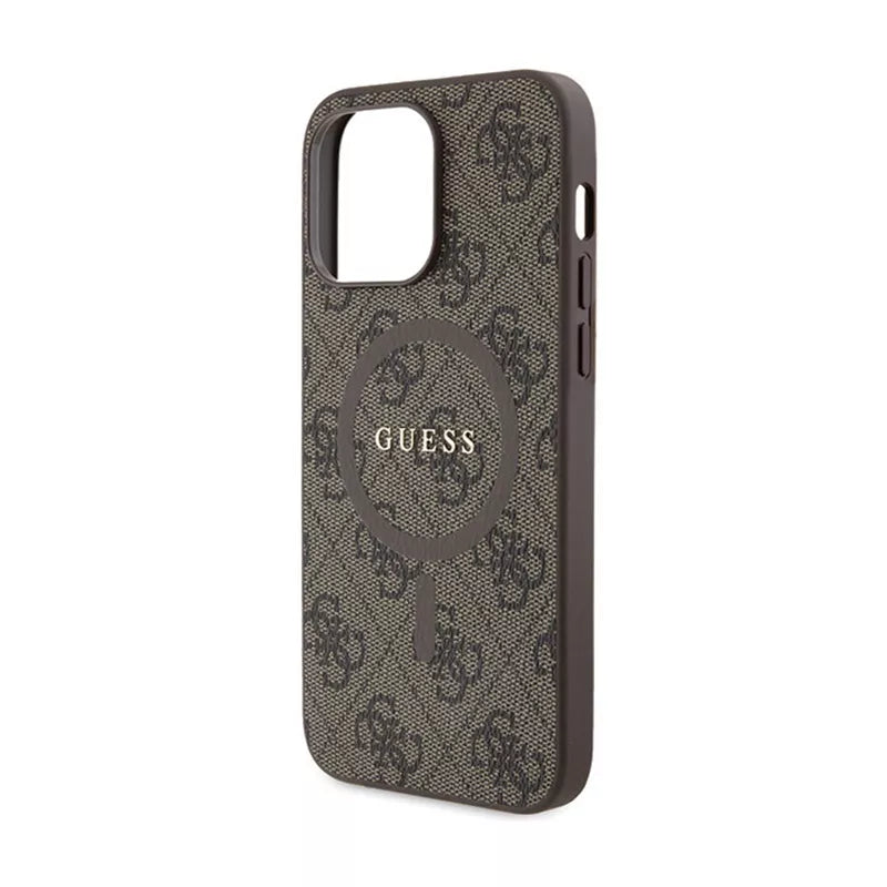 Guess 4G Collection Leather Metal Logo MagSafe - dėklas, skirtas iPhone 15 Pro Max (rudas)