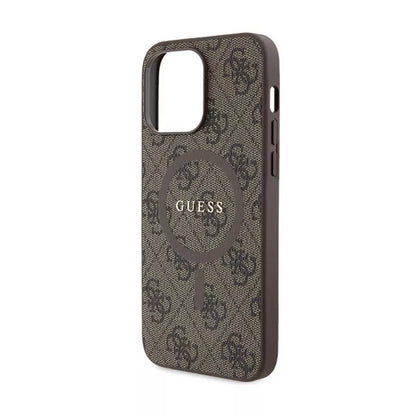 Guess 4G Collection Leather Metal Logo MagSafe - dėklas, skirtas iPhone 15 Pro Max (rudas)