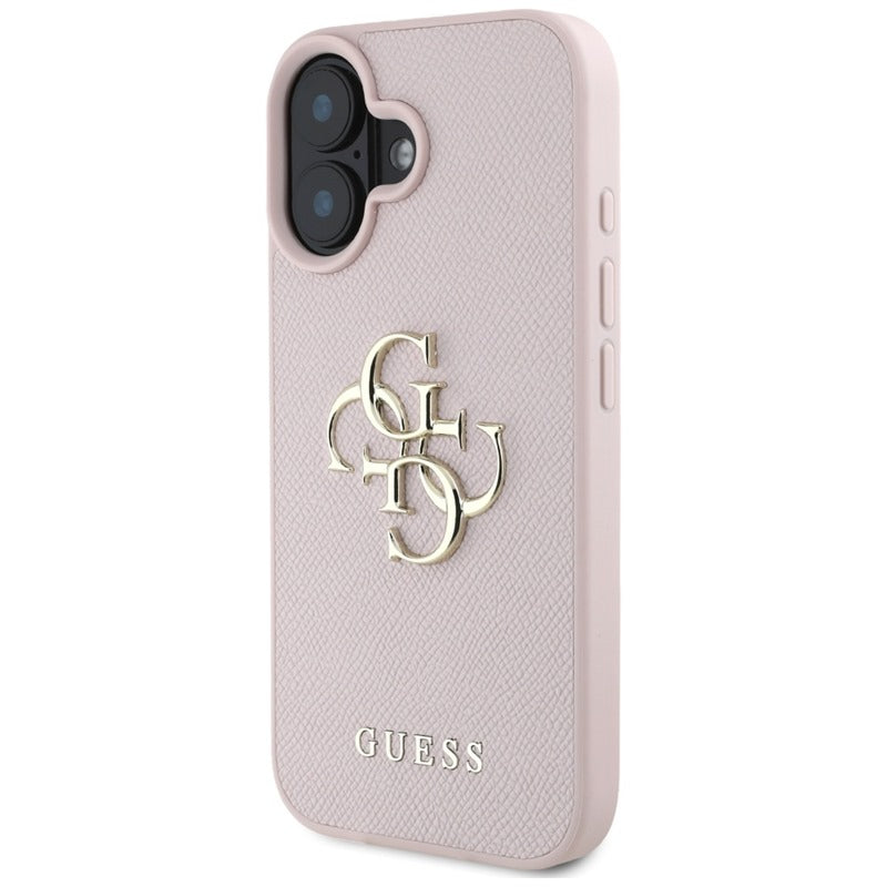 Guess grūdėtas dėklas iPhone 16 su 4G ir klasikiniu logotipu (rožinis)