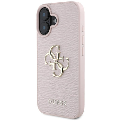 Guess grūdėtas dėklas iPhone 16 su 4G ir klasikiniu logotipu (rožinis)