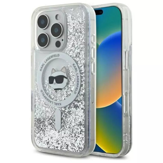 Karl Lagerfeld skystų blizgučių dėklas su Choupette galva MagSafe – iPhone 16 Pro Max (skaidrus)
