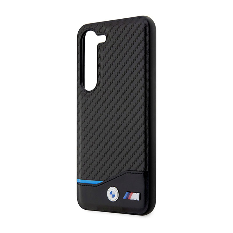 BMW Leather Carbon Blue Line – Dėklas, skirtas Samsung Galaxy S23+ (juodas)