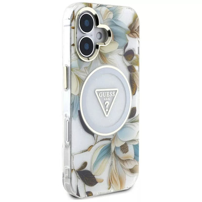 Guess Glitter Flowers Triangle Buttons MagSafe – Dėklas, skirtas iPhone 16 (baltas)