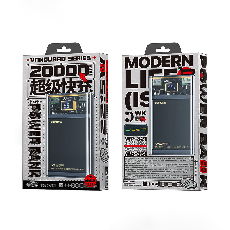 WEKOME WP-321 Vanguard serija – Power bank 20000 mAh Itin greitas įkrovimas PD 20W + QC 22.5W (Juoda / Permatoma)