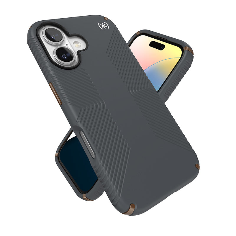 Speck Presidio2 Grip – „iPhone 16“ dėklas (anglies pilka / šalta bronza / balta)