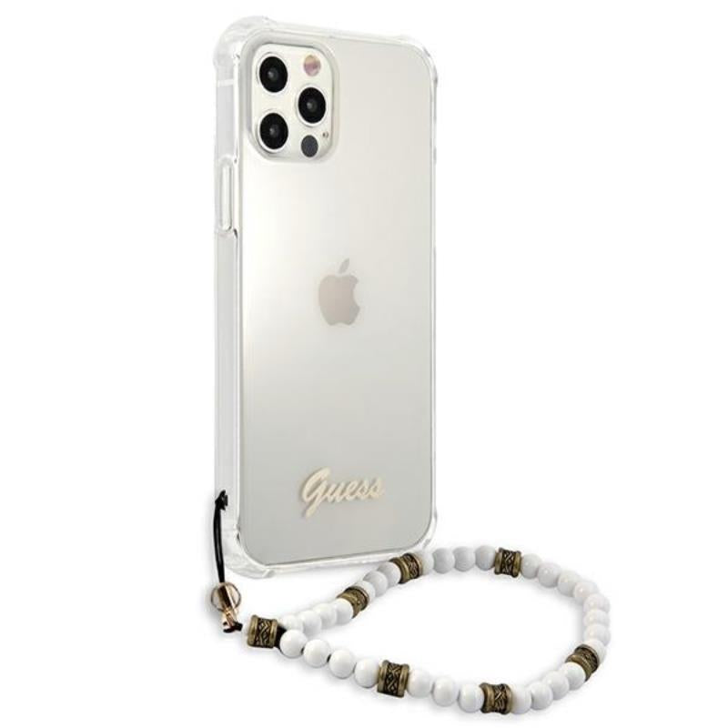Guess White Pearl dirželis – dėklas „iPhone 12“ / „iPhone 12 Pro“ (skaidrus)