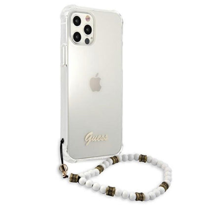 Guess White Pearl dirželis – dėklas „iPhone 12“ / „iPhone 12 Pro“ (skaidrus)