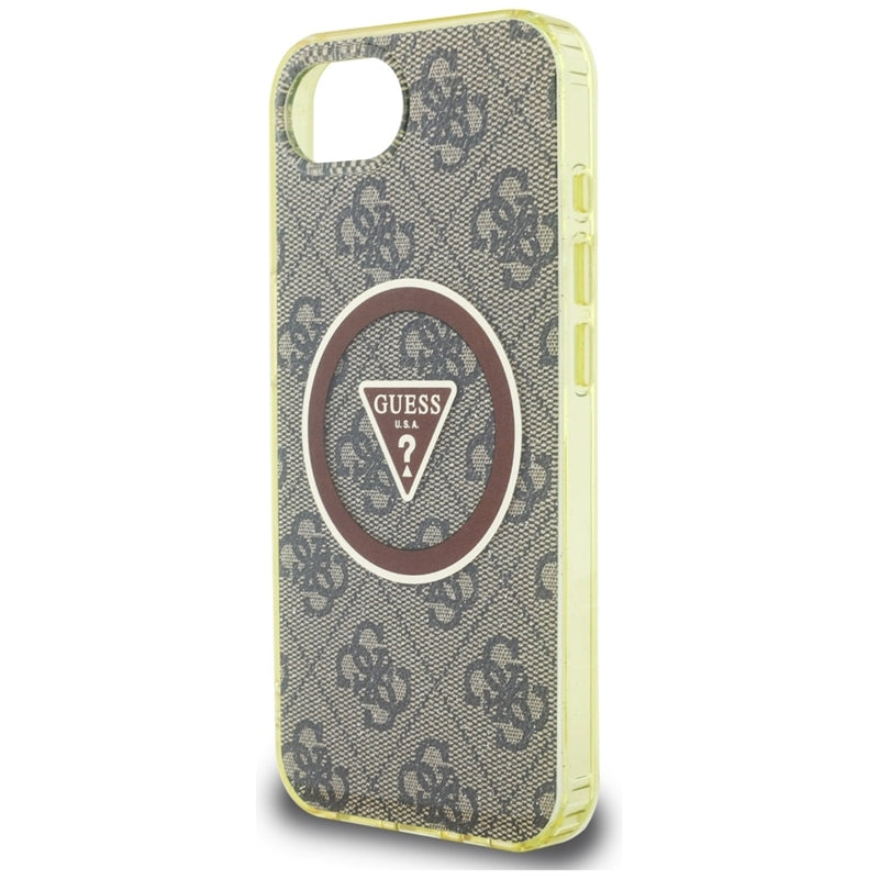 Guess IML Metal Glitter 4G Circle Triangle MagSafe Dėklas iPhone 16e (ruda)