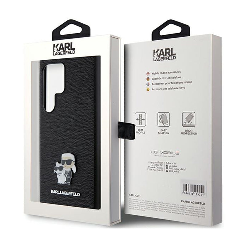Karl Lagerfeld Saffiano Karl & Choupette metalinis smeigtukas - dėklas, skirtas Samsung Galaxy S24 Ultra (juodas)