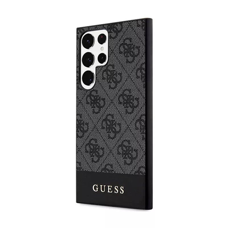 Guess 4G Bottom Stripe Metal Logo kolekcija – dėklas Samsung Galaxy S24 Ultra (juodas)