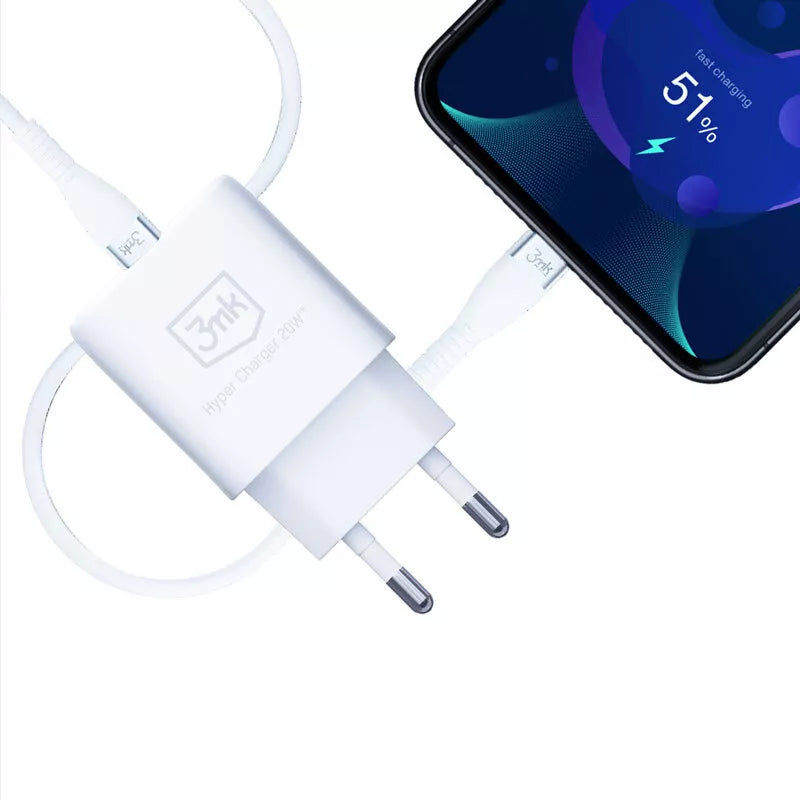 3mk Hyper Charger – USB-A QC 3.0 + USB-C PD 20W sieninis įkroviklis (baltas)