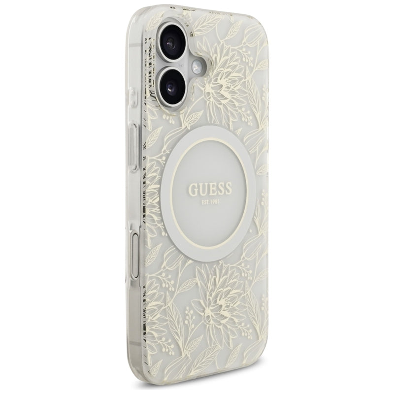 Guess IML Gėlės Elektrinis Perlų Dirželis MagSafe dėklas iPhone 17 (baltas)