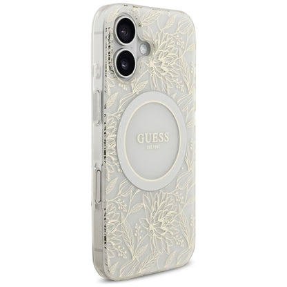 Guess IML Gėlės Elektrinis Perlų Dirželis MagSafe dėklas iPhone 17 (baltas)