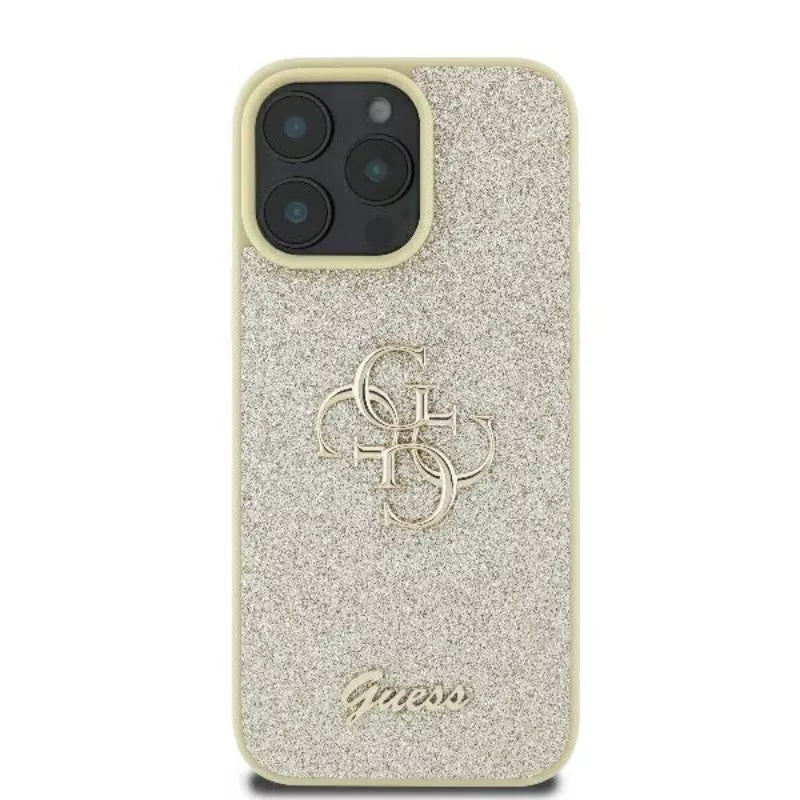 Guess Fixed Glitter Big 4G – dėklas, skirtas iPhone 16 Pro (auksinis)