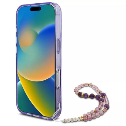 Guess IML Gėlės su perlo dirželiu MagSafe dėklas, skirtas iPhone 16 Pro (Violetinė)